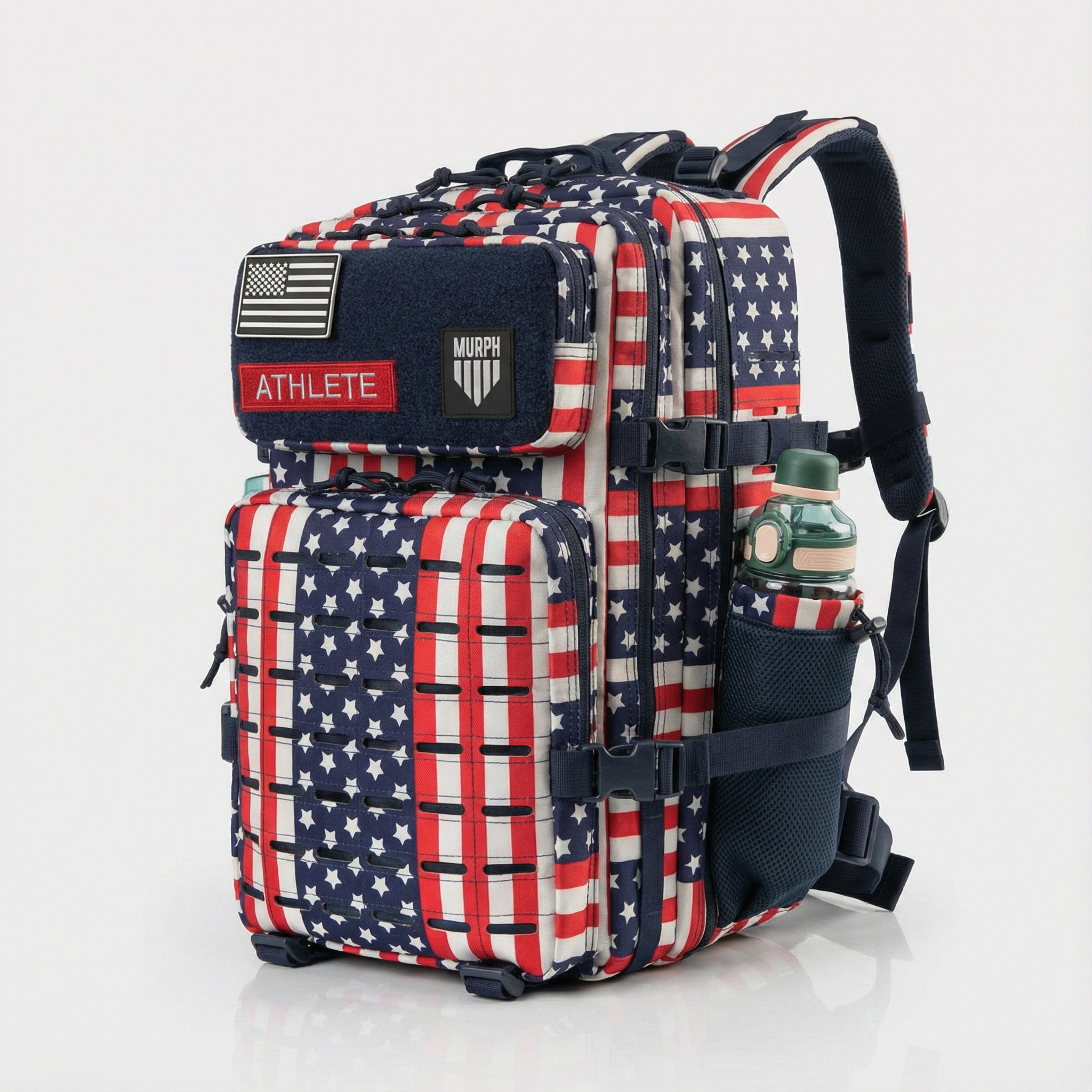 Sac à Dos CrossFit 45L USA Hero Murph - Vue Latérale avec Patchs et Gourde