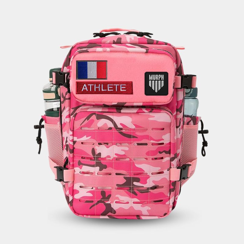 Sac à Dos CrossFit 25L Rose Camo Hero Murph - Vue de Face avec Patchs et Gourdes