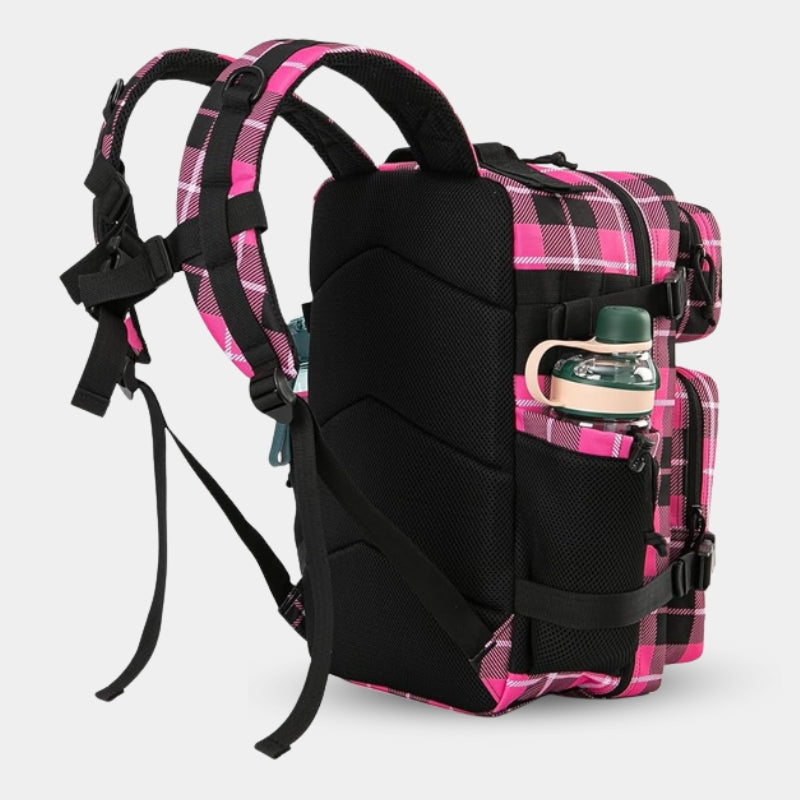 Sac à Dos CrossFit 25L Rose Ecossais Hero Murph - Vue Latérale avec Bretelle et Gourde