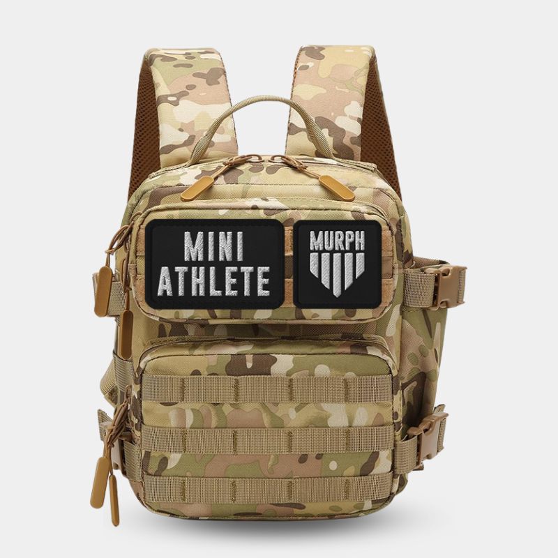 Sac à Dos Enfant 9L Camo Clair Murph - Vue de Face avec Patchs Mini Athlete